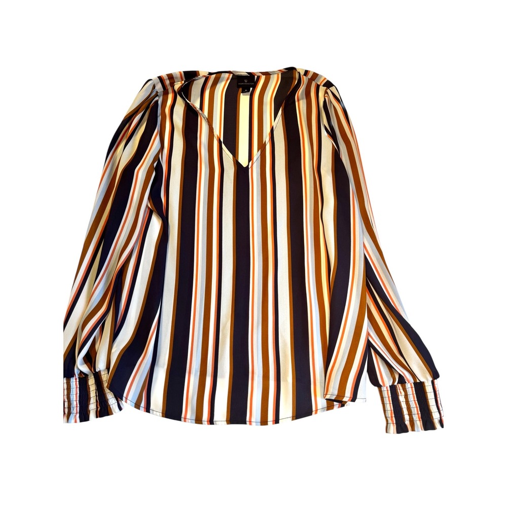 Worthington Women's Medium Blouse Long Sleeve V-Neck‎ Striped Career Work Top